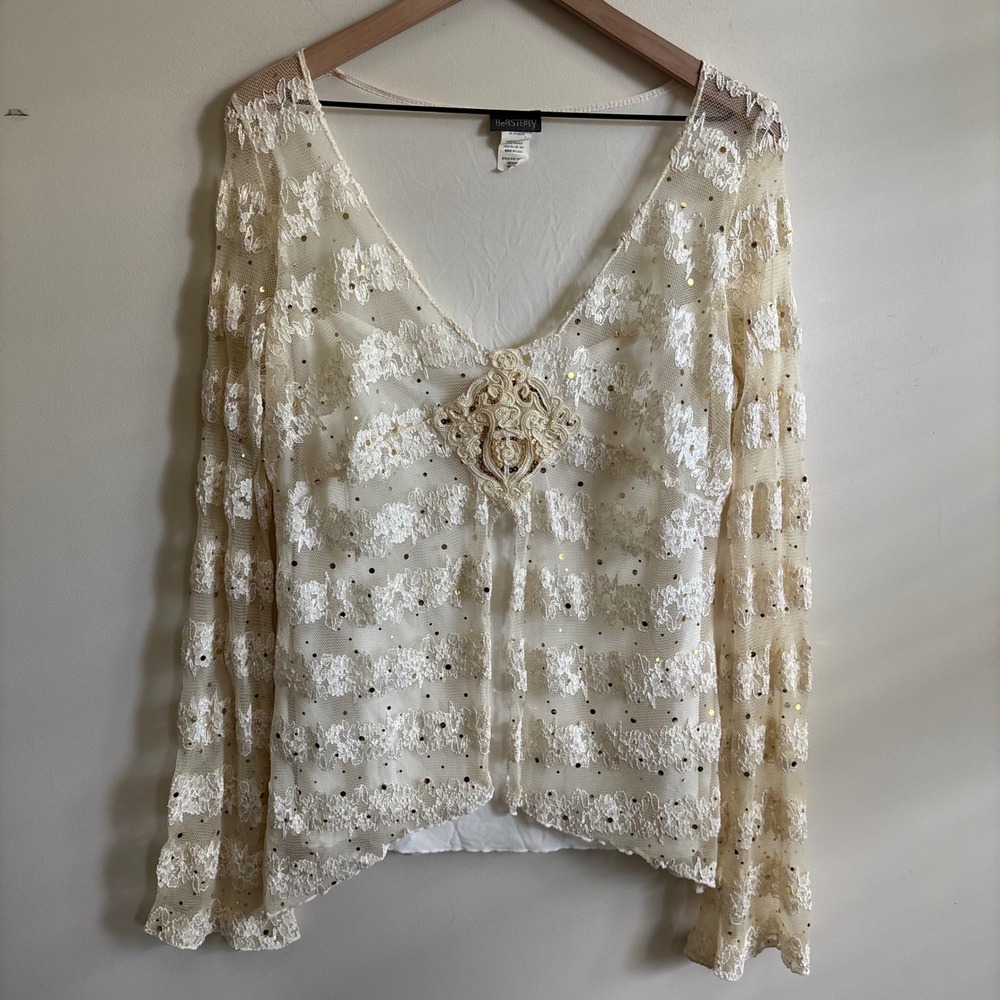 Herstory Cream Lace Sequin Medallion Long Sleeve Top Plus 2X Halloween Costume